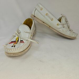 Thunderbird Animikii White Leather Softsole Moccasins Women's 6 Vintage Beaded